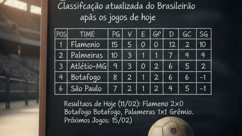 Tabela digital com a classificação atualizada do Brasileirão 2026, mostrando times, pontos e posições.