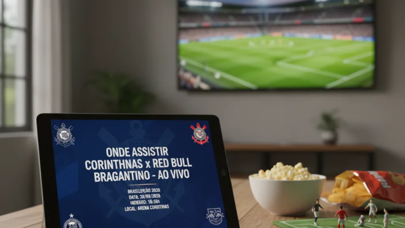 Jogador do Corinthians com camisa listrada em ação no gramado, disputando a bola em partida decisiva contra o Red Bull Bragantino.