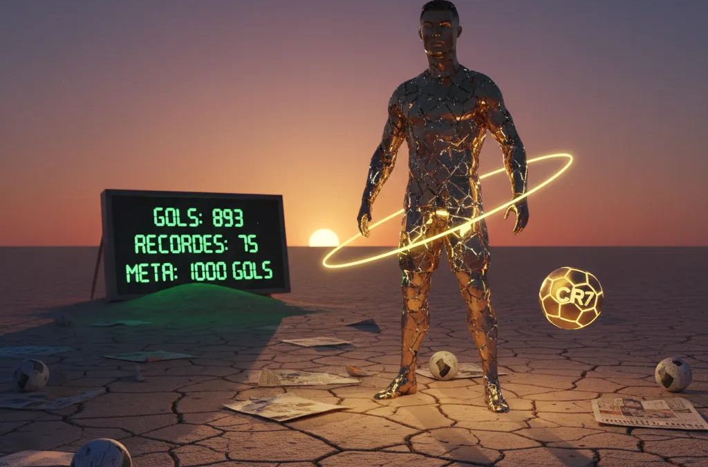 Cristiano Ronaldo celebra um gol com o uniforme amarelo do Al-Nassr, braços abertos e expressão determinada em campo.