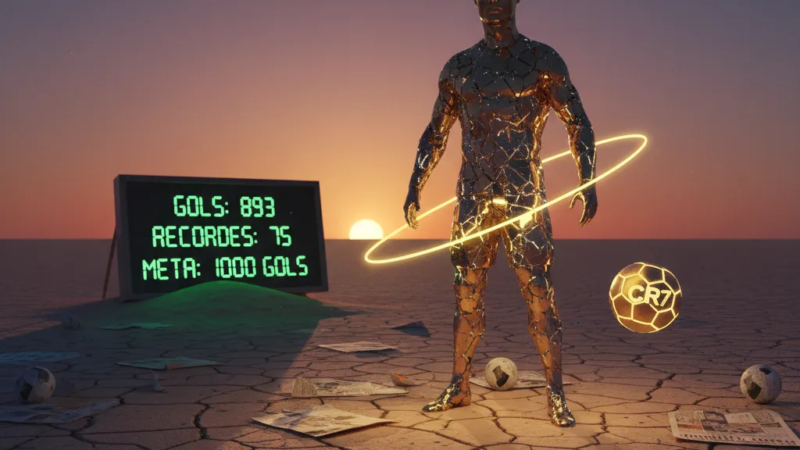 Cristiano Ronaldo celebra um gol com o uniforme amarelo do Al-Nassr, braços abertos e expressão determinada em campo.