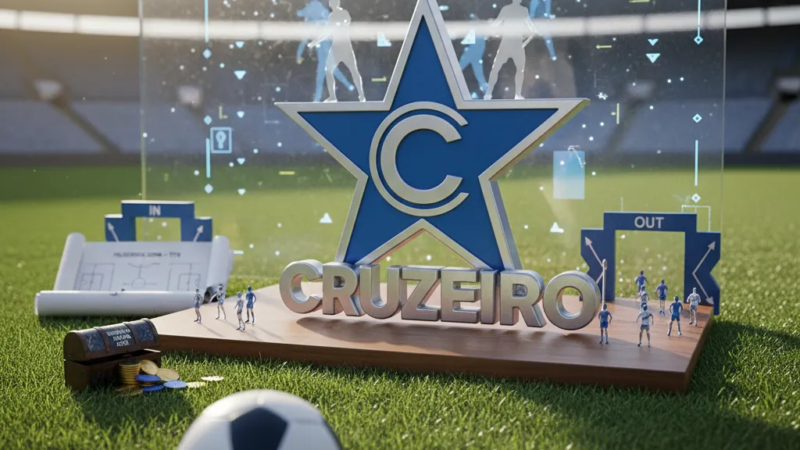 Jogador do Cruzeiro em campo, comemorando um gol com a torcida ao fundo no Mineirão.