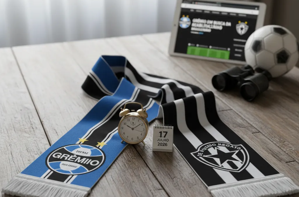 Jogadores de Grêmio e Botafogo em ação, disputando a bola no gramado durante partida do Brasileirão.