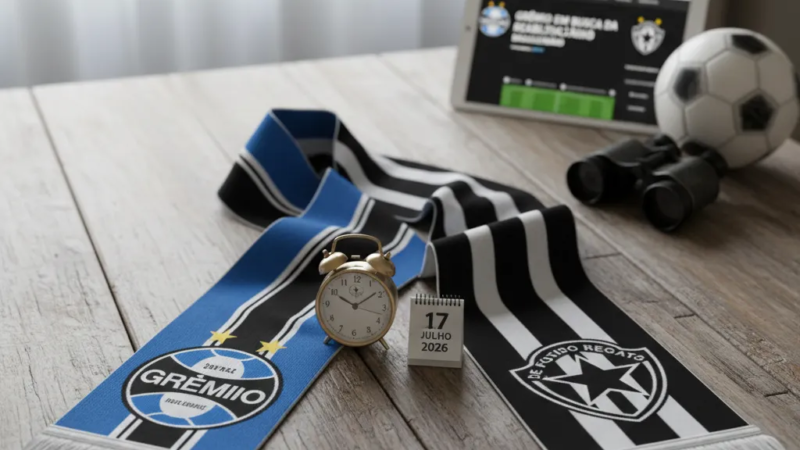 Jogadores de Grêmio e Botafogo em ação, disputando a bola no gramado durante partida do Brasileirão.