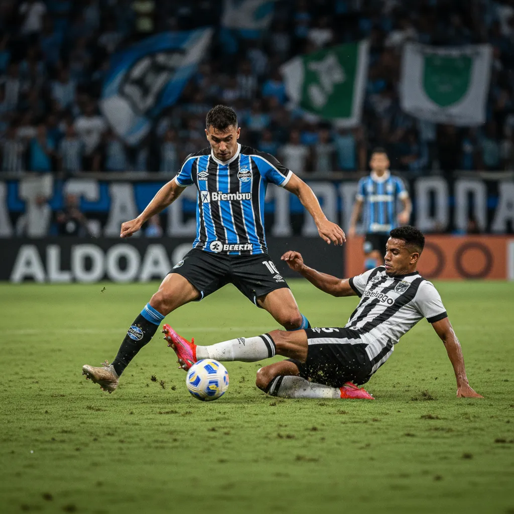 Jogadores do Grêmio e Botafogo em ação, disputando bola em partida do Campeonato Brasileiro. Camisas tricolor e preta e branca.