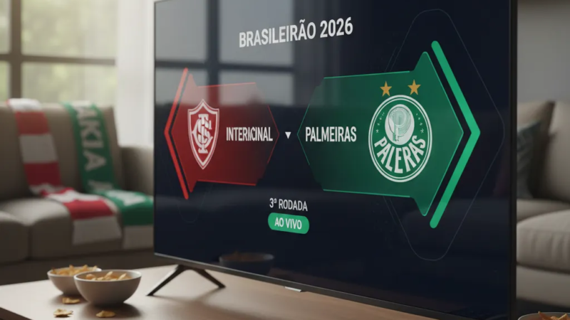 Jogadores do Internacional e Palmeiras em intensa disputa pela bola no gramado do estádio.