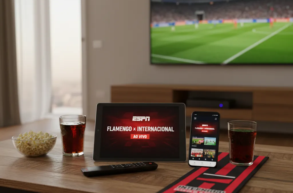 Jogadores de Flamengo e Internacional em campo, disputando a bola sob os holofotes, prontos para o grande confronto.