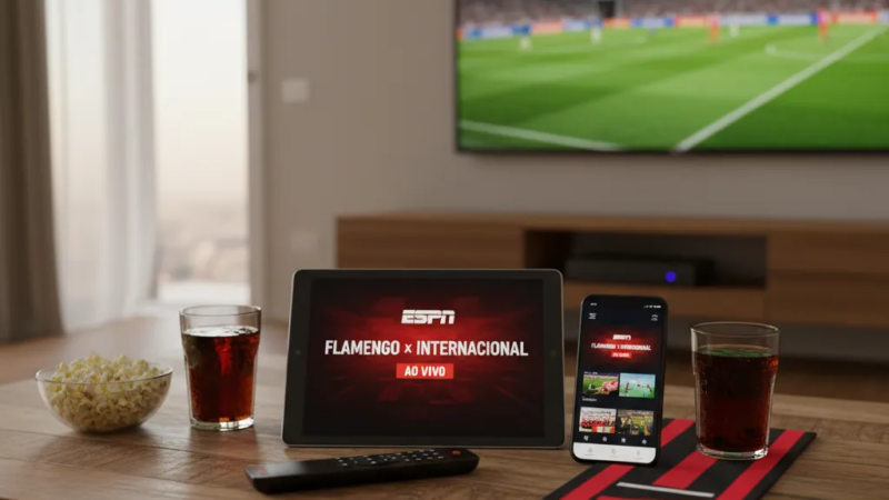 Jogadores de Flamengo e Internacional em campo, disputando a bola sob os holofotes, prontos para o grande confronto.