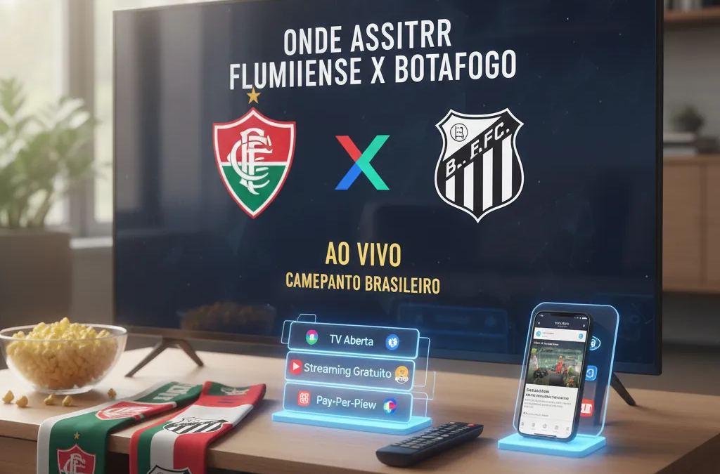 Jogadores de Fluminense e Botafogo disputam a bola no campo, com torcida ao fundo, durante um clássico do Brasileirão.