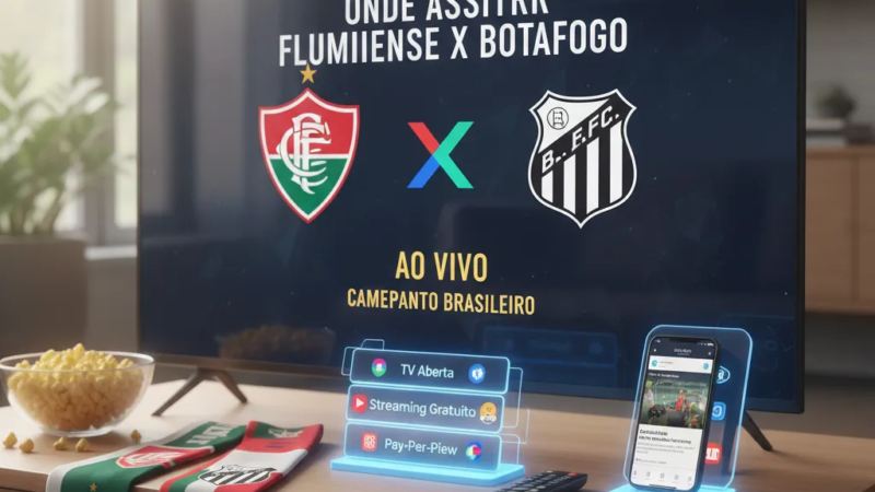 Jogadores de Fluminense e Botafogo disputam a bola no campo, com torcida ao fundo, durante um clássico do Brasileirão.