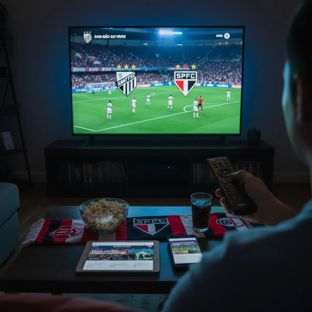 Jogadores de Santos e São Paulo em ação durante o clássico San-São de futebol.