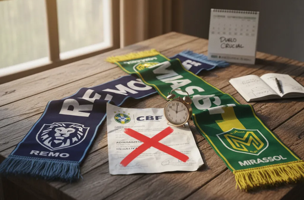 Confronto entre Remo e Mirassol: emblemas dos clubes com bola de futebol em campo.