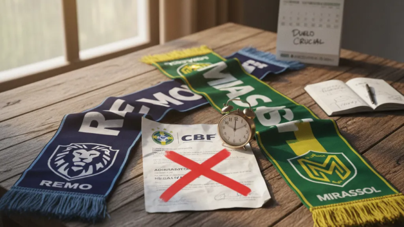 Confronto entre Remo e Mirassol: emblemas dos clubes com bola de futebol em campo.