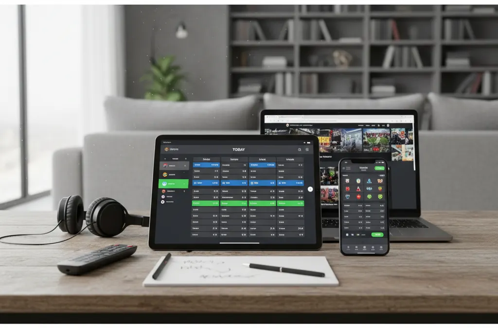 Mãos segurando smartphone com app exibindo a agenda de jogos hoje de futebol.