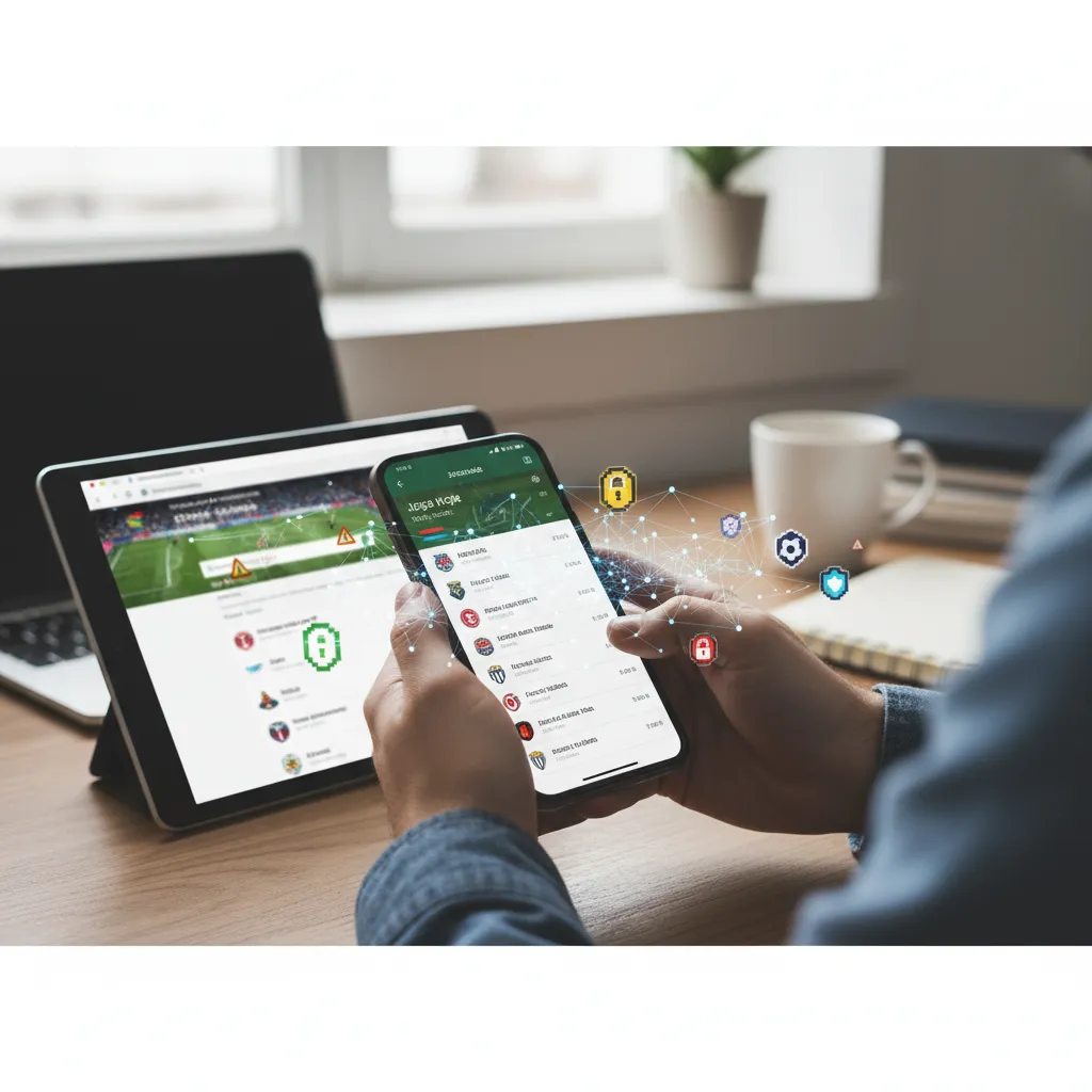 Smartphone com app de agenda de jogos e ícone de cadeado. Foco na segurança de sites e aplicativos.