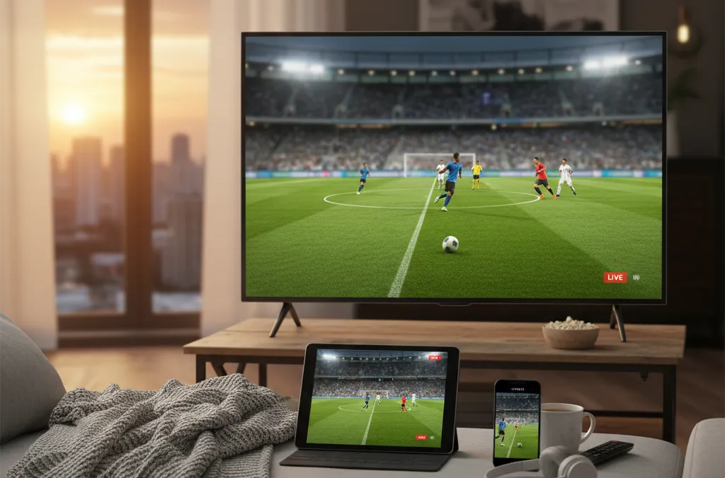 Pessoa em um sofá assistindo a um jogo de futebol em um tablet, focada na tela para assistir jogos de hoje grátis online.