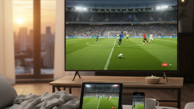 Pessoa em um sofá assistindo a um jogo de futebol em um tablet, focada na tela para assistir jogos de hoje grátis online.