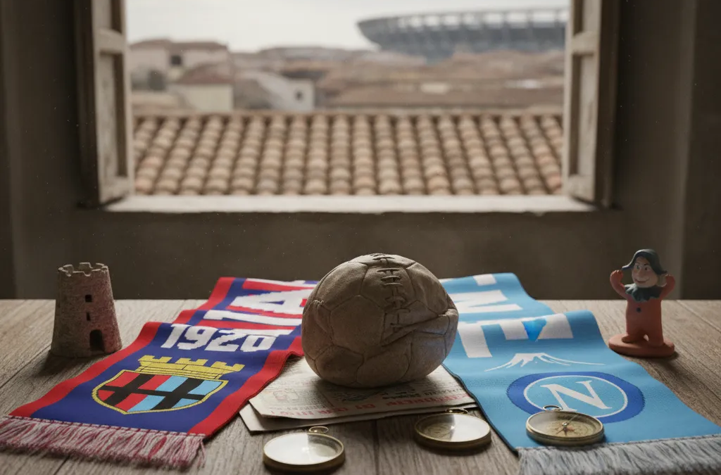 Jogadores do Cagliari e do Napoli em ação, disputando a bola no gramado verde do estádio.