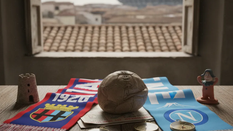 Jogadores do Cagliari e do Napoli em ação, disputando a bola no gramado verde do estádio.