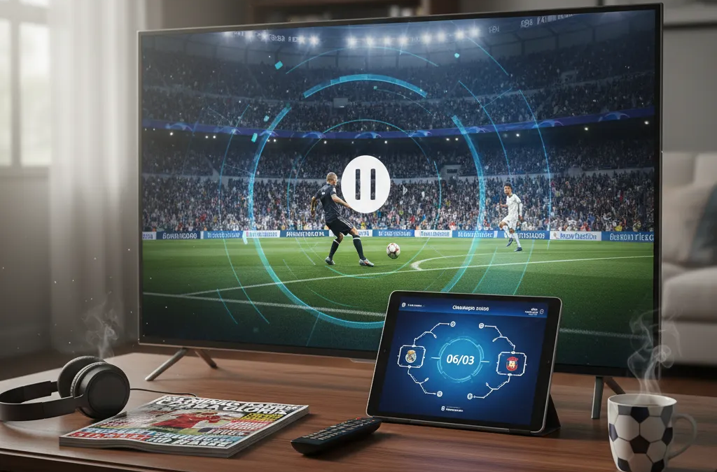 Jogador com uniforme azul chuta a bola no gramado verde sob holofotes, em um dos Jogos da Champions League.