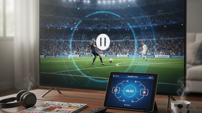 Jogador com uniforme azul chuta a bola no gramado verde sob holofotes, em um dos Jogos da Champions League.