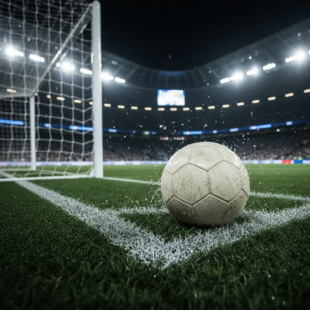 Jogadores em ação intensa durante uma partida da UEFA Champions League, com a bola no ar e torcida ao fundo no estádio.