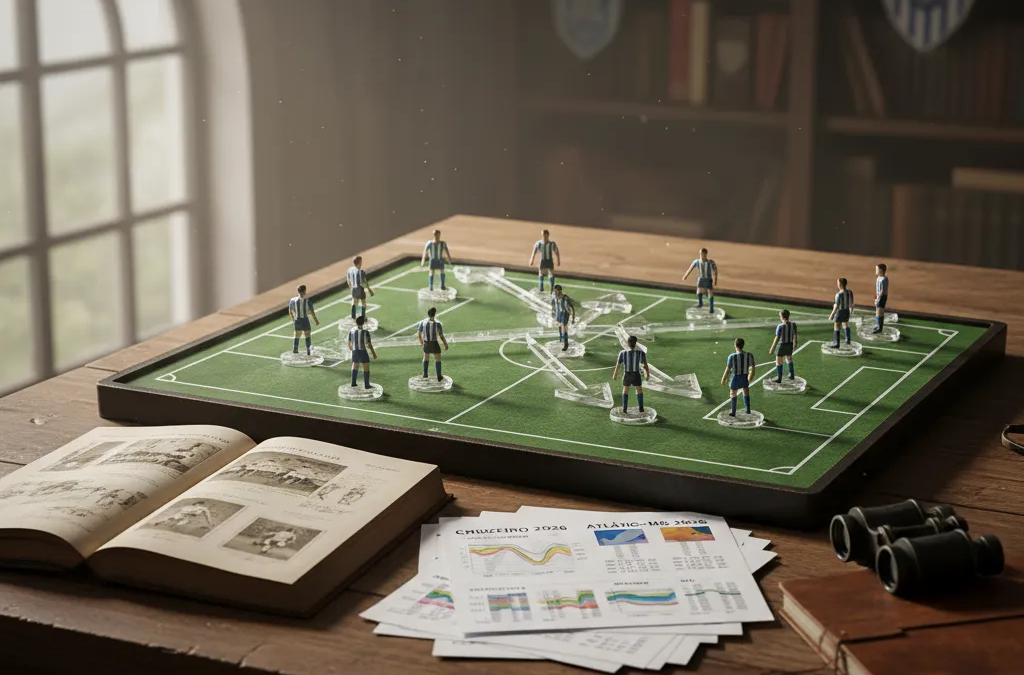 Jogador do Cruzeiro (azul) e do Atlético-MG (listrado) em disputa acirrada pela bola no gramado, um Clássico Mineiro.