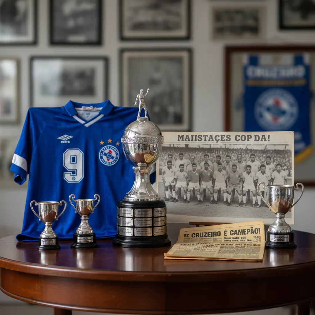 Troféus do Cruzeiro Esporte Clube, destacando as conquistas históricas como Copa do Brasil e Libertadores.