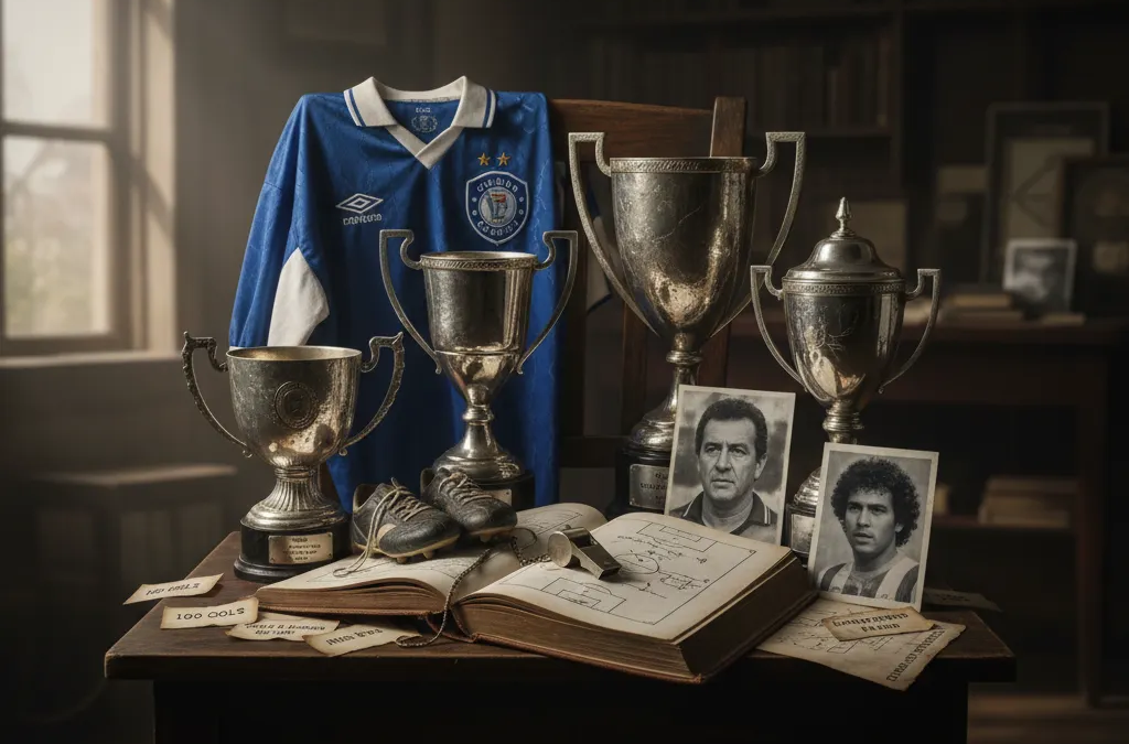 Jogadores do Cruzeiro comemoram a Tríplice Coroa 2003 erguendo os troféus no campo, sob aplausos.