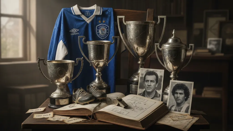 Jogadores do Cruzeiro comemoram a Tríplice Coroa 2003 erguendo os troféus no campo, sob aplausos.