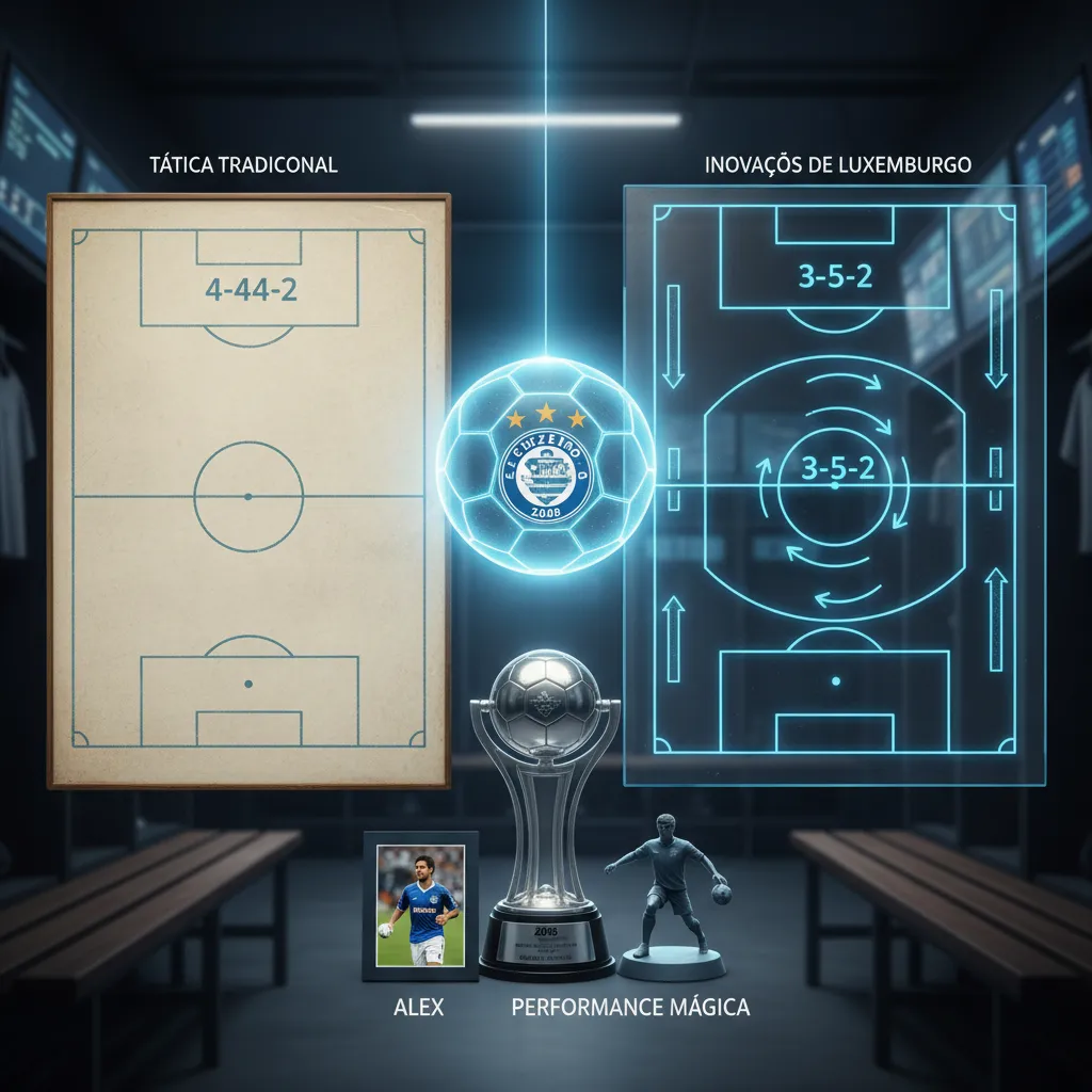 Jogadores do Cruzeiro celebram a Tríplice Coroa 2003, exibindo os troféus de campeão brasileiro, Copa do Brasil e Mineiro.