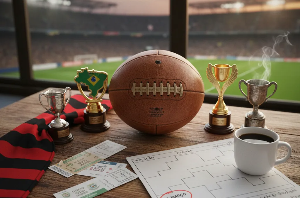 Dois jogadores de futebol brasileiro disputam a bola em campo verde, com a torcida vibrando no estádio ao fundo.