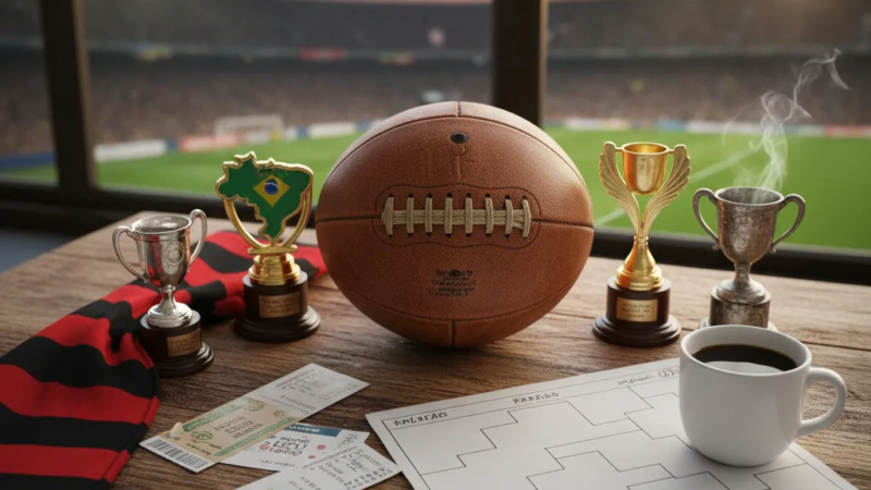 Dois jogadores de futebol brasileiro disputam a bola em campo verde, com a torcida vibrando no estádio ao fundo.