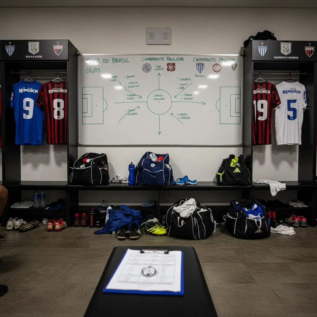 Jogadores de futebol brasileiro em campo disputando a bola, com luzes de estádio ao fundo, representando a intensidade dos jogos estaduais e copas.