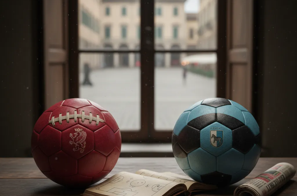 Jogadores de Genoa e Udinese disputam a bola intensamente em campo verde. Camisas listradas vermelha/azul e preta/branca.