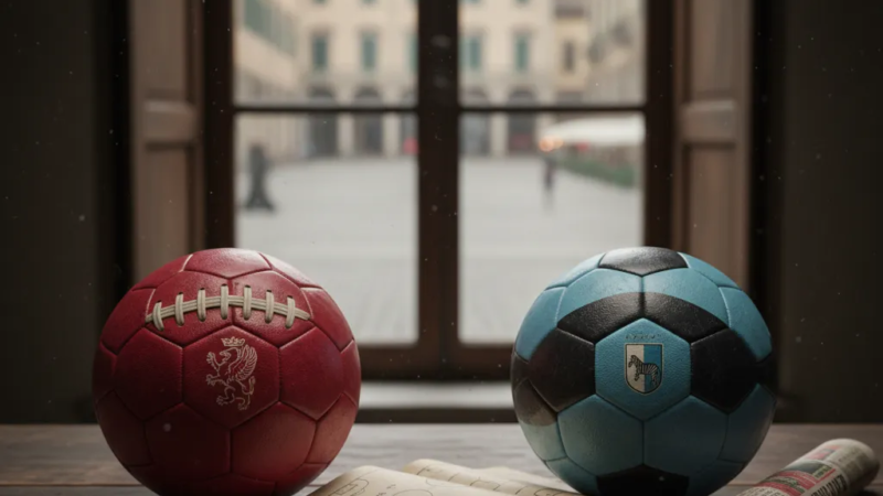 Jogadores de Genoa e Udinese disputam a bola intensamente em campo verde. Camisas listradas vermelha/azul e preta/branca.