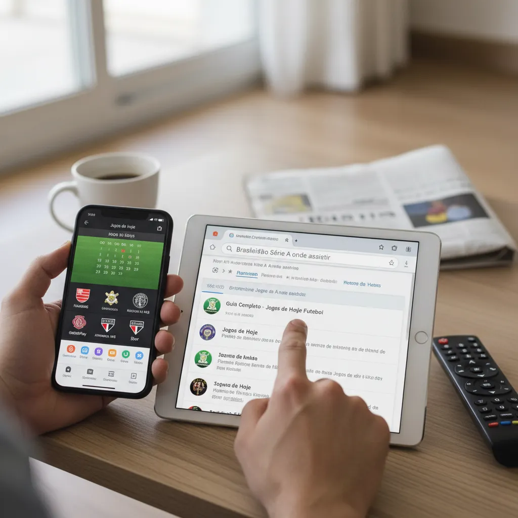 Tela de TV ou tablet exibindo um jogo de futebol ao vivo, com interface de streaming. Ideal para assistir os jogos de hoje.
