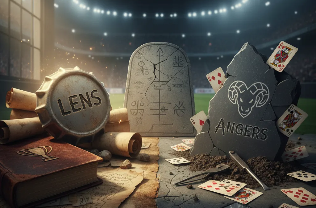 Jogador do RC Lens dribla defensor do Angers SCO durante o jogo crucial da Ligue 1.