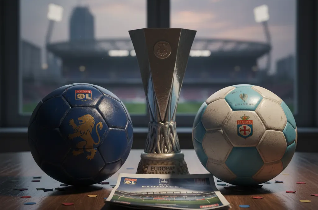 Jogadores do Lyon e Celta de Vigo em disputa acirrada pela bola no gramado, representando a intensidade do confronto.