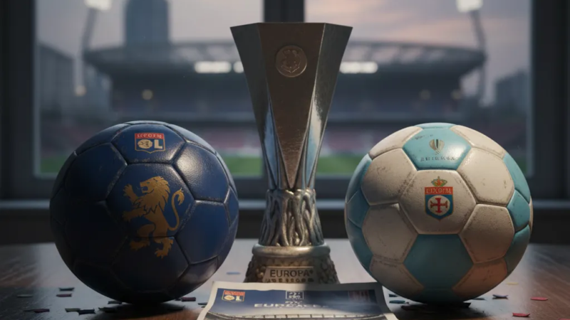 Jogadores do Lyon e Celta de Vigo em disputa acirrada pela bola no gramado, representando a intensidade do confronto.