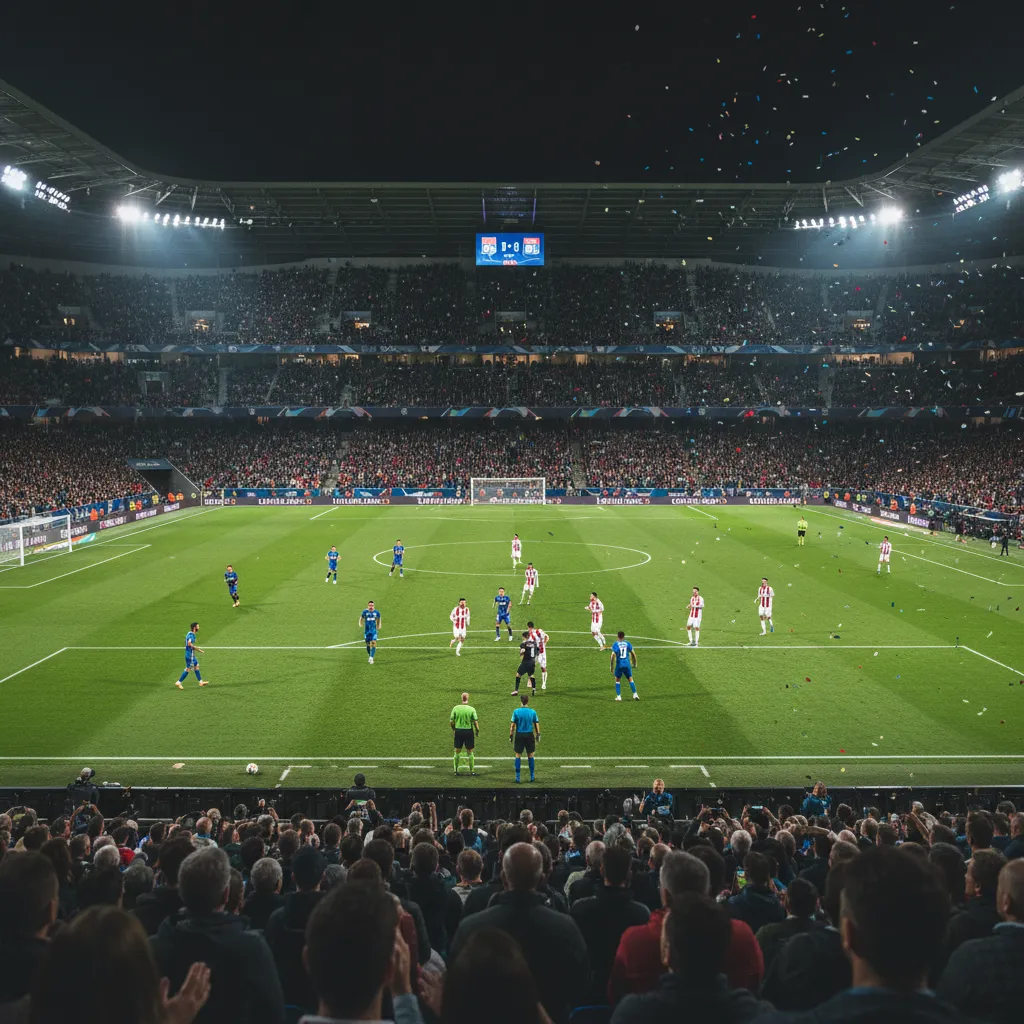 Vista panorâmica do Groupama Stadium em Lyon, palco do confronto entre Lyon e Celta pela UEFA Europa League.