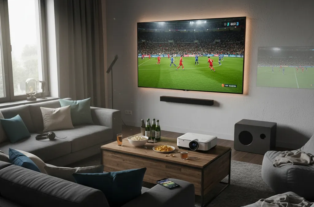 Amigos e família assistindo a um jogo de futebol em casa na TV, comemorando um gol e vivendo a melhor experiência.