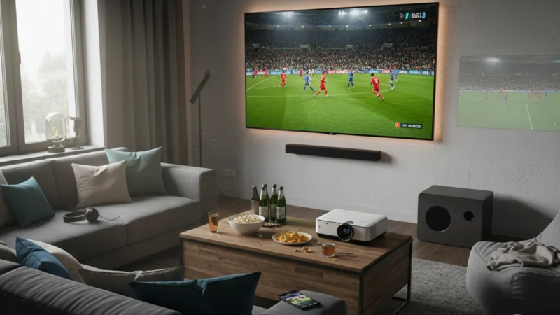 Amigos e família assistindo a um jogo de futebol em casa na TV, comemorando um gol e vivendo a melhor experiência.