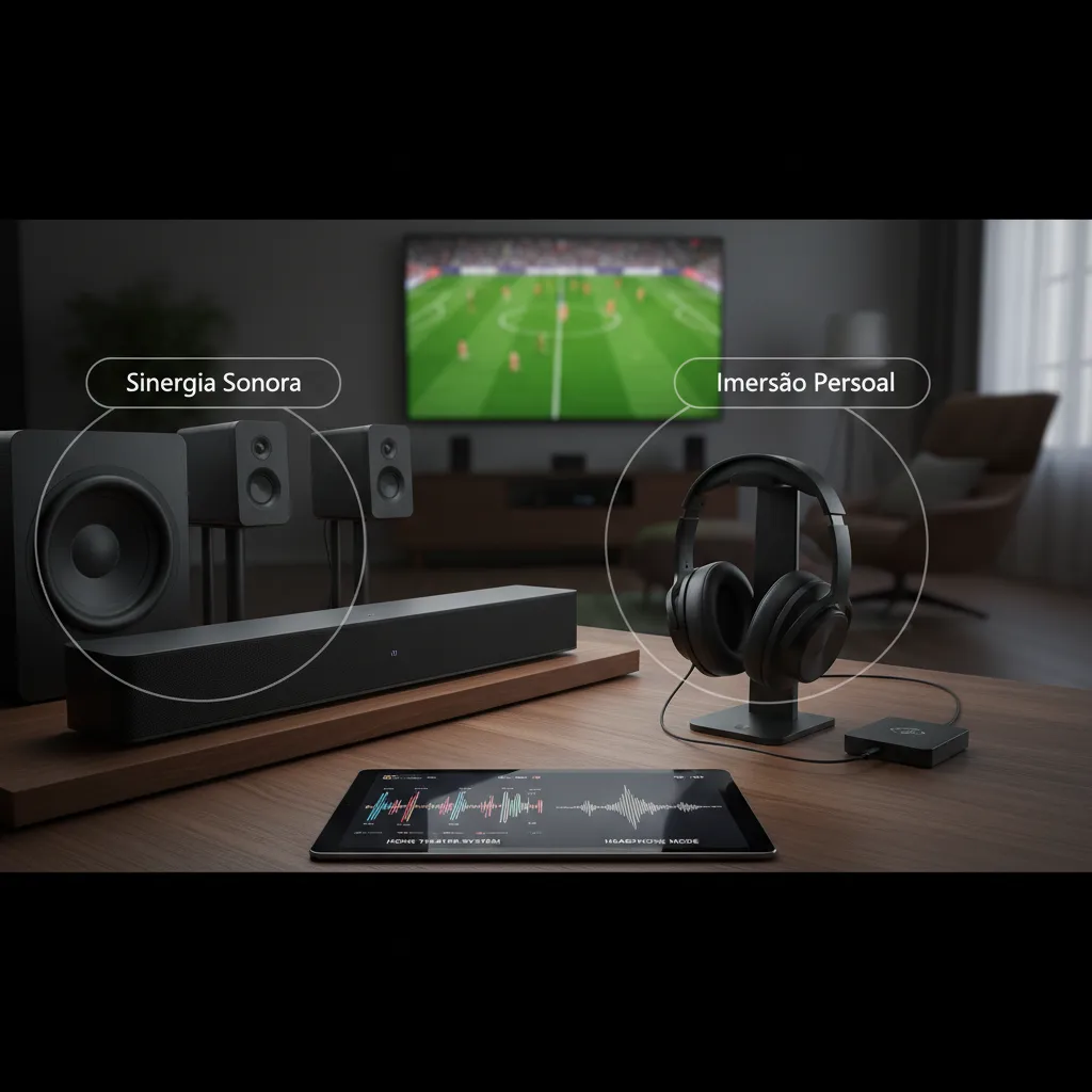 Sala de estar moderna com TV grande exibindo partida de futebol, sistema de som imersivo e iluminação, ideal para assistir jogos em casa.