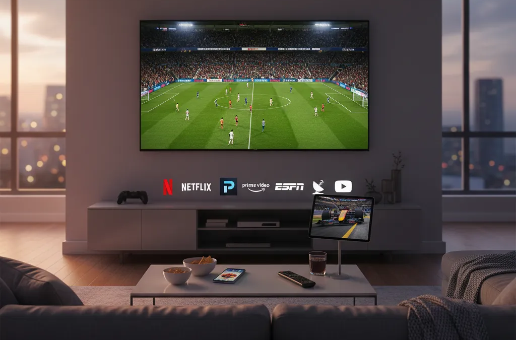 Jovem assiste a um jogo de futebol ao vivo em tablet, usando uma das melhores plataformas para assistir jogos ao vivo.