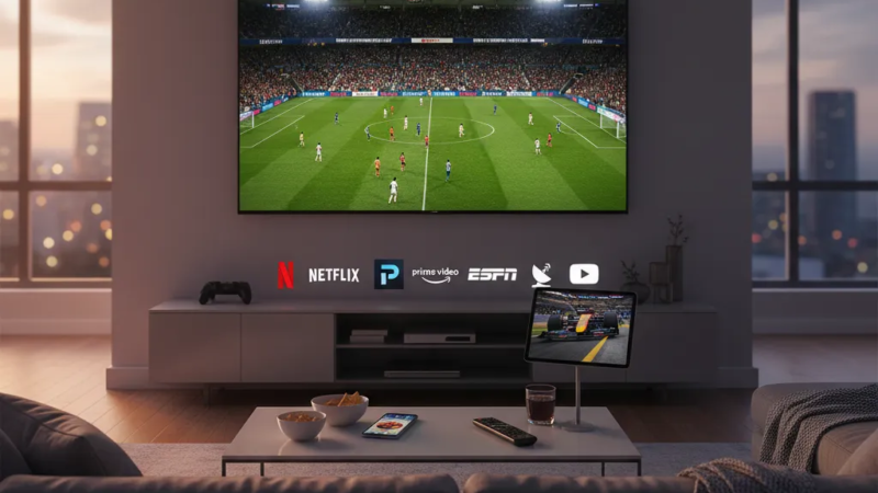 Jovem assiste a um jogo de futebol ao vivo em tablet, usando uma das melhores plataformas para assistir jogos ao vivo.