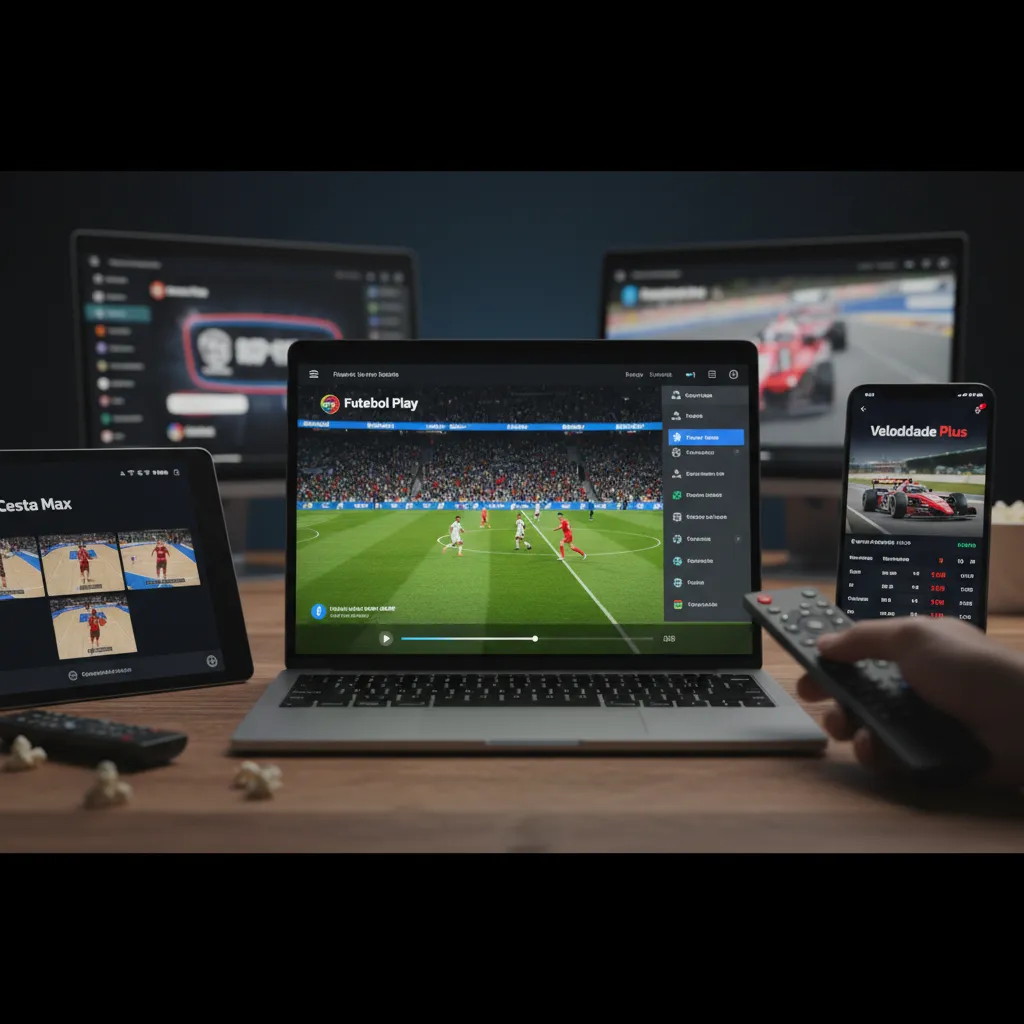 Tela de smartphone exibindo um jogo de futebol ao vivo, com logos de plataformas de streaming. Guia para assistir esportes.