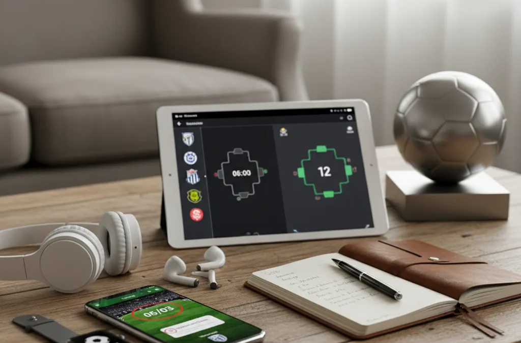 Mão segurando smartphone com aplicativo de calendário exibindo alertas para jogos de futebol. Bola desfocada ao fundo.