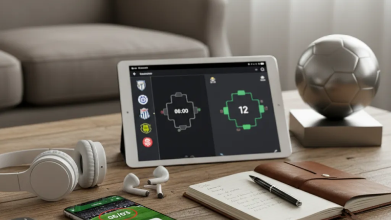 Mão segurando smartphone com aplicativo de calendário exibindo alertas para jogos de futebol. Bola desfocada ao fundo.