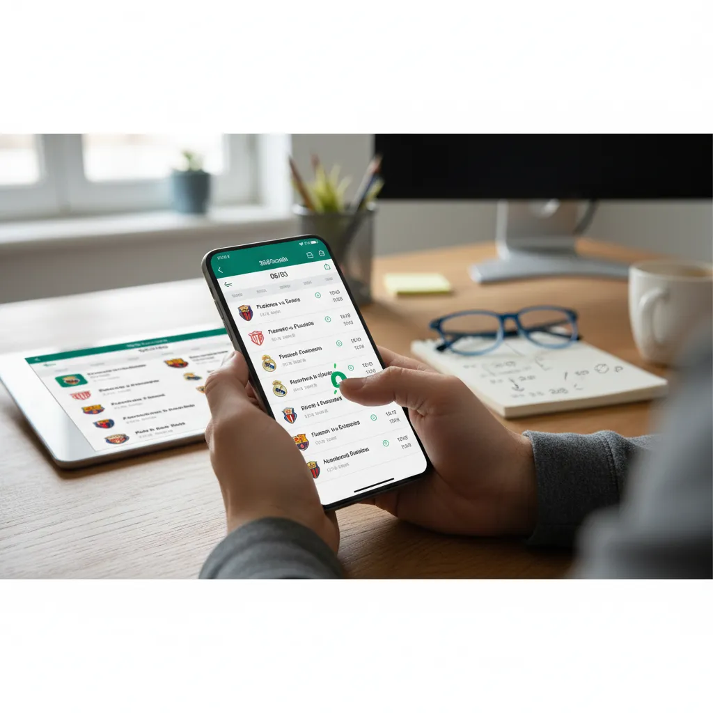 Smartphone com tela exibindo interfaces de aplicativos de futebol, mostrando alertas e agendamento de jogos.