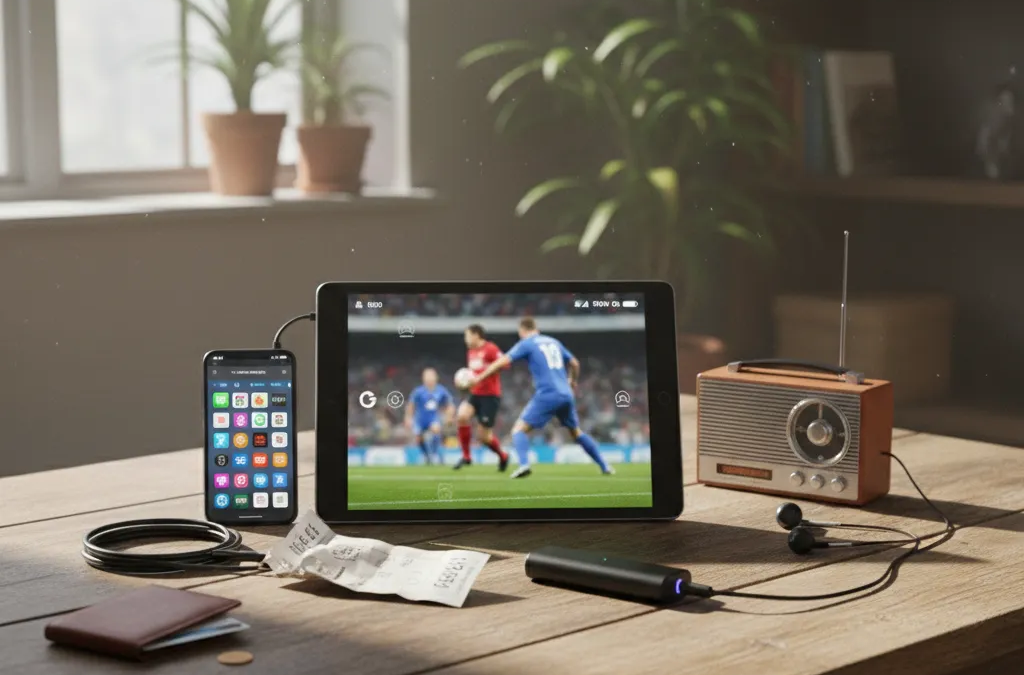 Torcedor assistindo a um jogo de futebol online em notebook, com a tela exibindo a partida ao vivo e placar. Sala de estar.